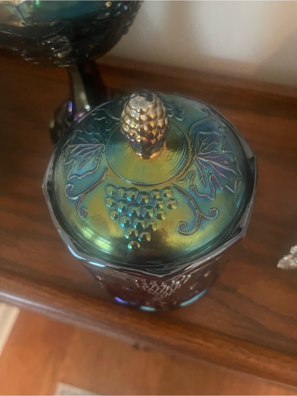 VTG Indiana Blue Carnival Glass Iridescent Harvest Grape Canister Biscuit Jar - Picture 4 of 10
